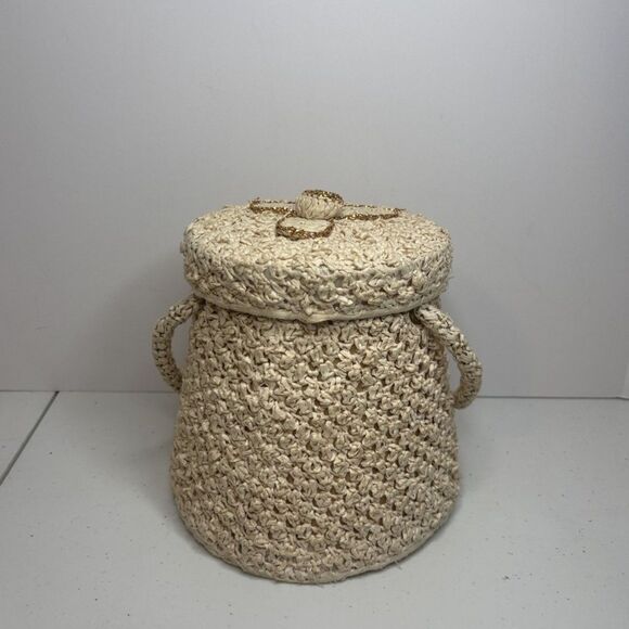 Vintage Handmade Cream Crochet Floral Boho Bucket Bag Purse Womens - Picture 5 of 6